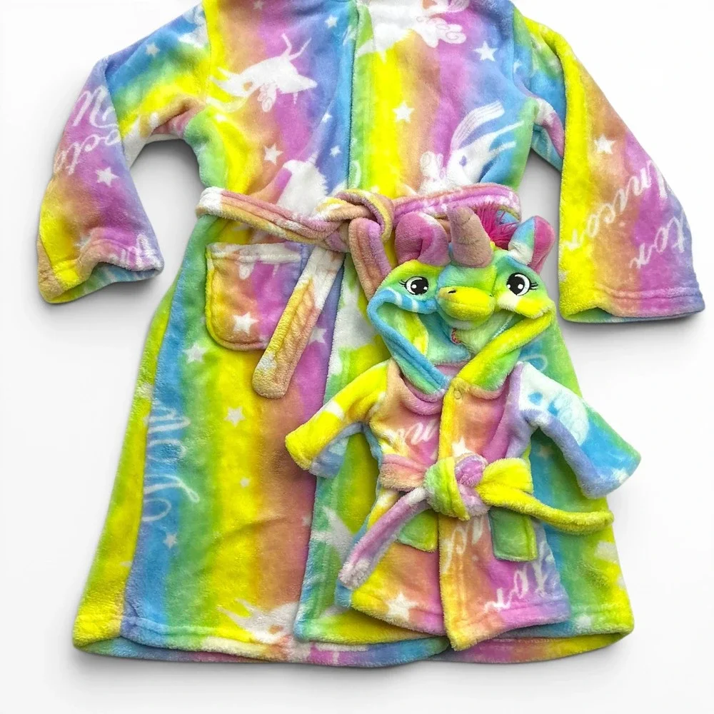 Rainbow Unicorn Fleece Robe Kids 6-7Y With Matching Doll Robe Set